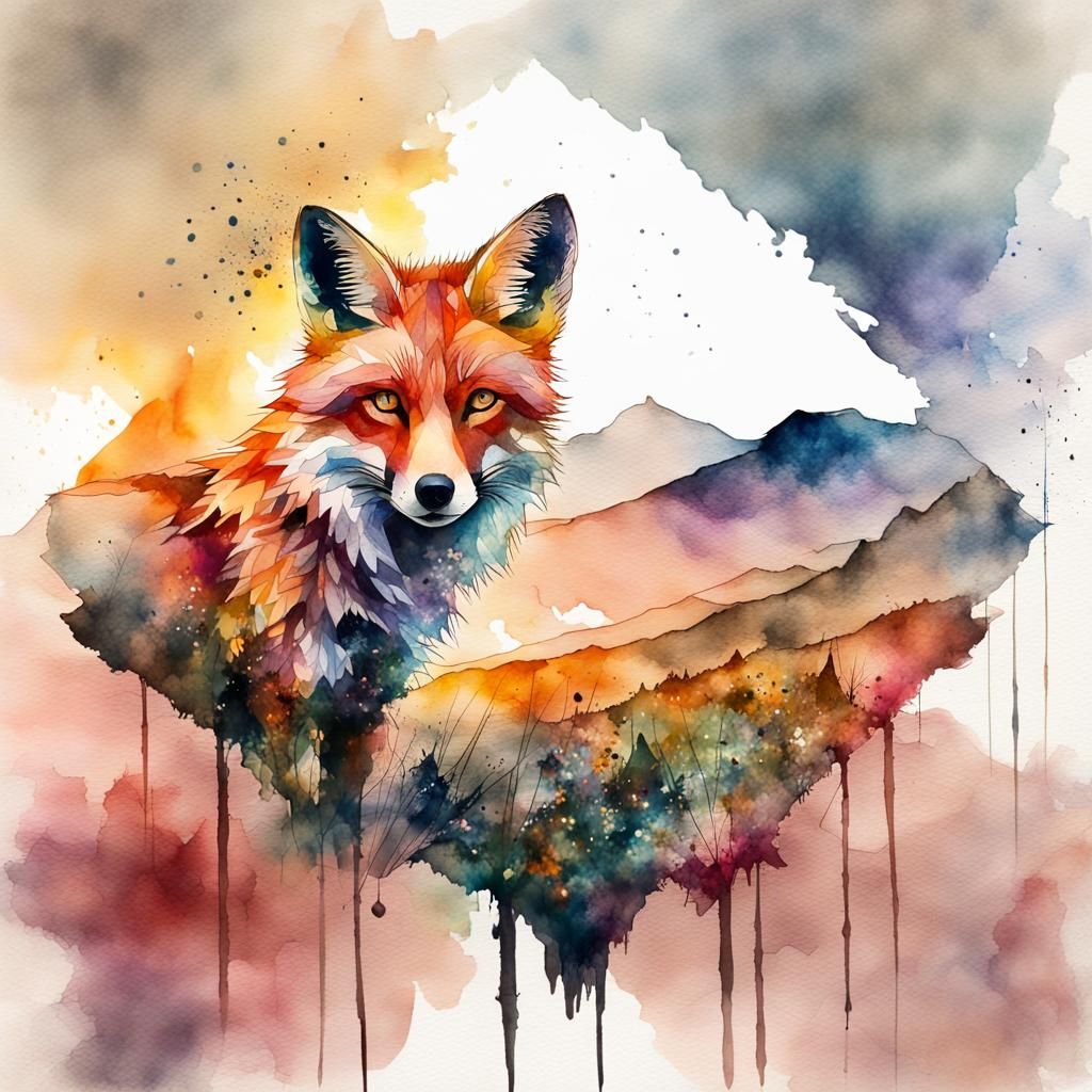 Fox Silhouette Double Exposure Watercolor Illustration
