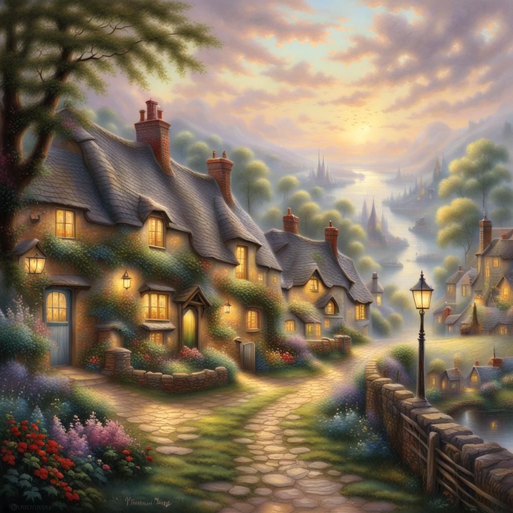 Cozy English Village in Ethereal Mist