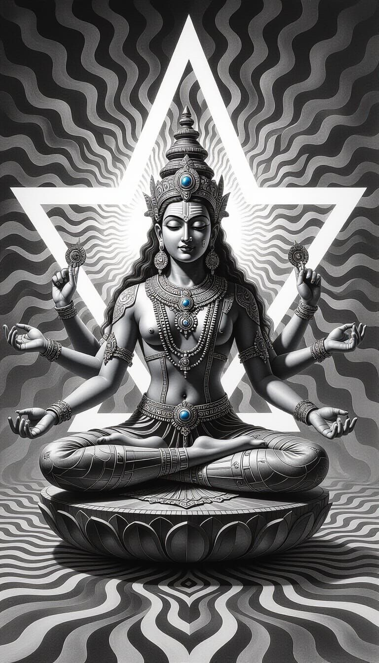 Detailed Charcoal Deity in Star of David, Psychedelic Backgr...