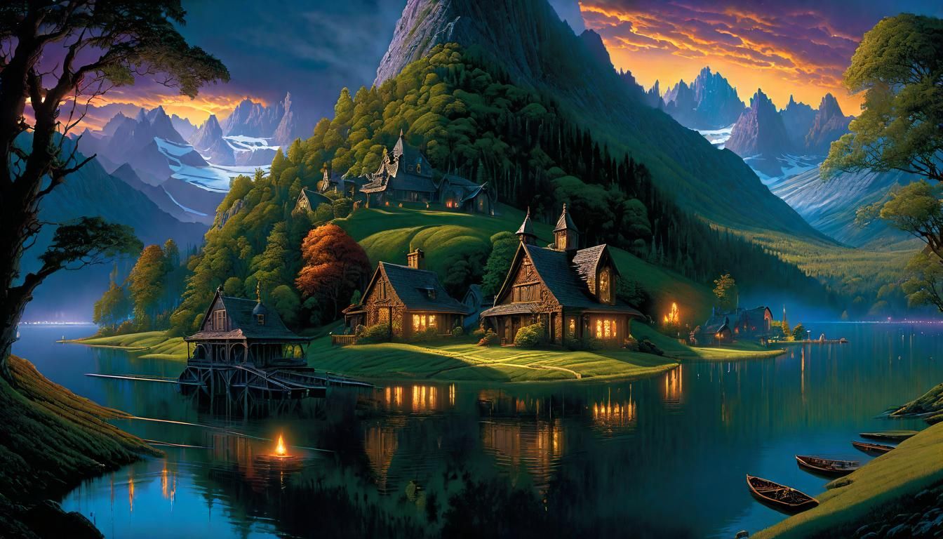 Haunted Mountain Village Digital Painting in Art Nouveau Sty...