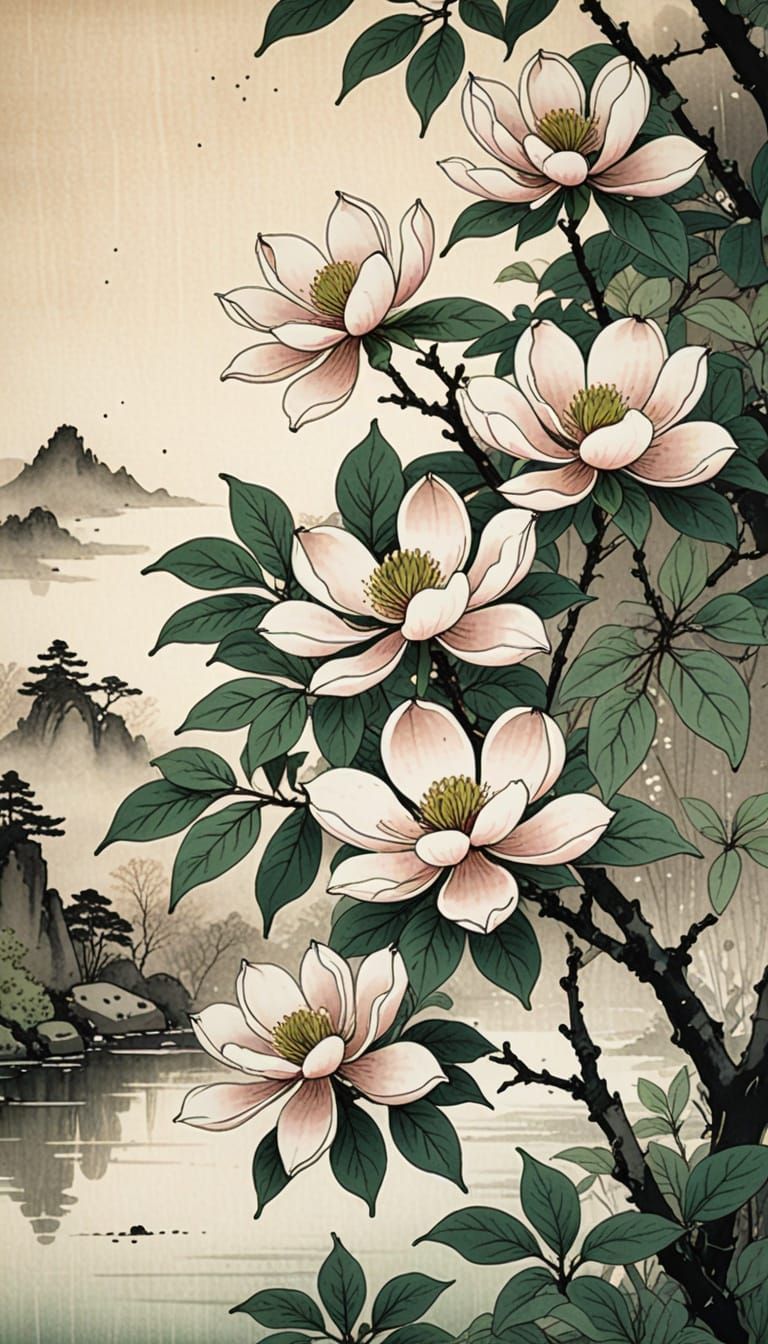 Delicate Magnolia Blossoms in Ukiyo-e Style