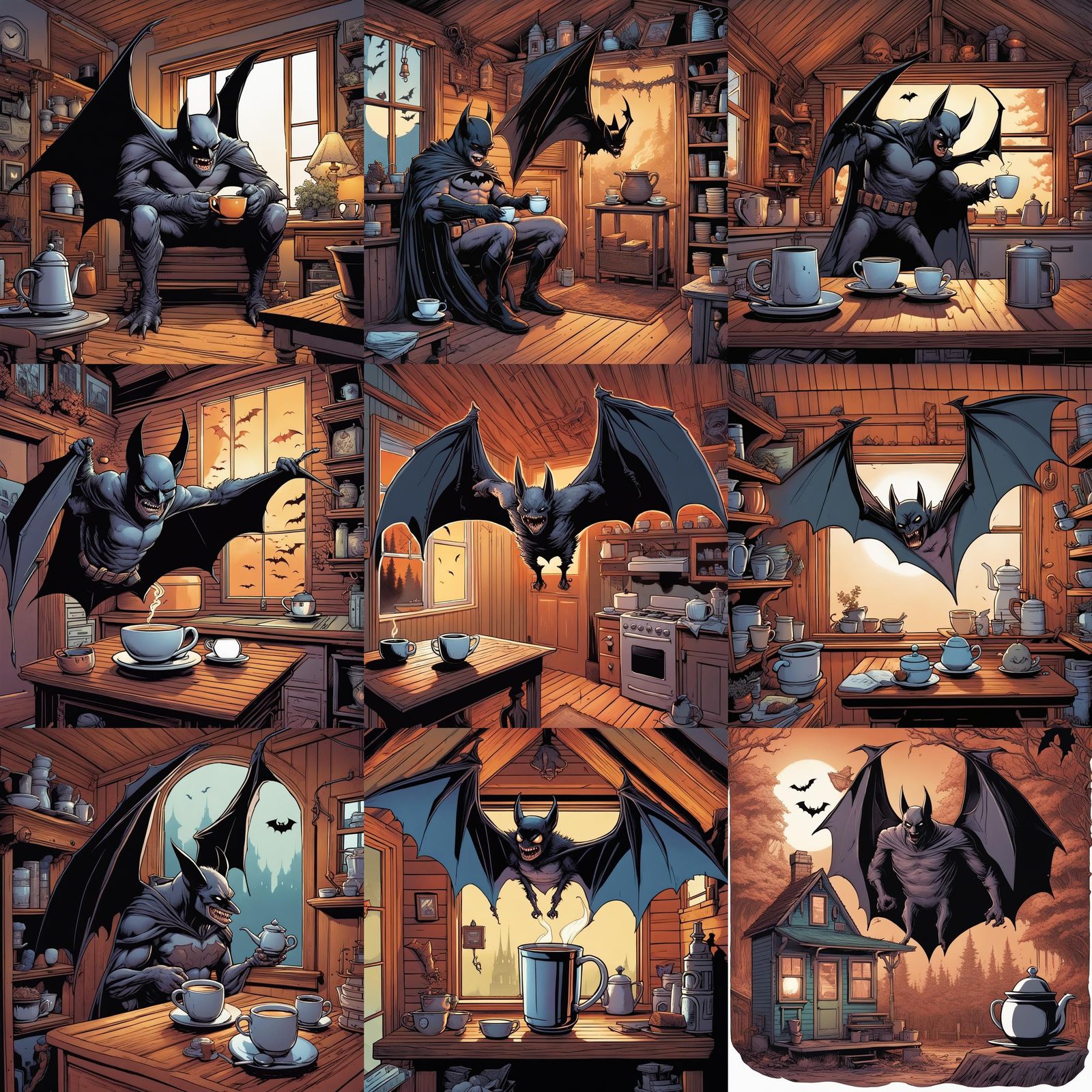 Giant Bat Sipping Tea: Comic Book Art