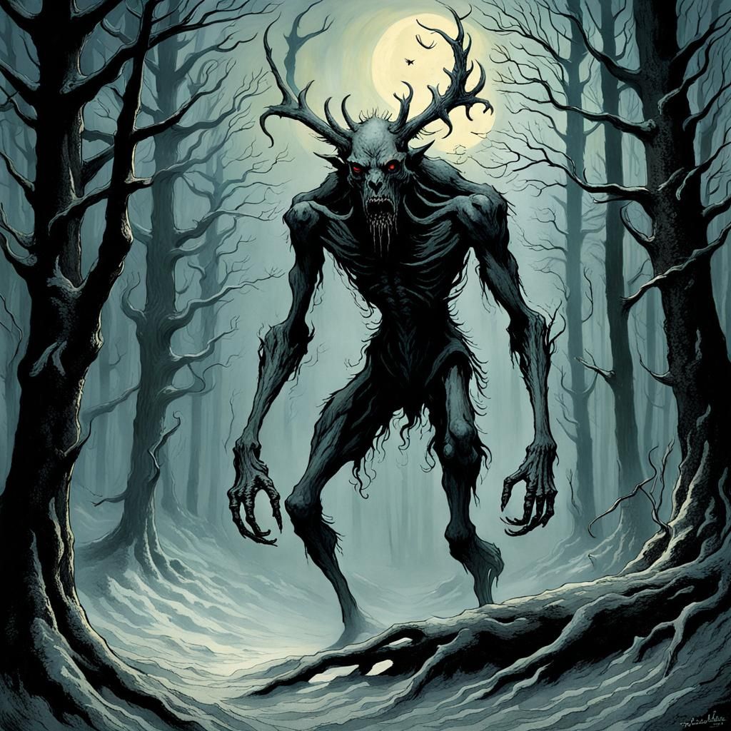 Terrifying Wendigo in Gothic Horror Style