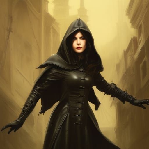 Evil Brunette in Leather Cloak: Dark Fantasy Portrait