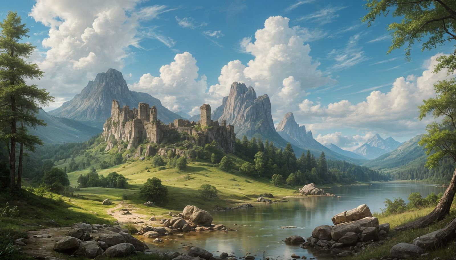 Majestic Mountain Ruins Under a Blue Sky