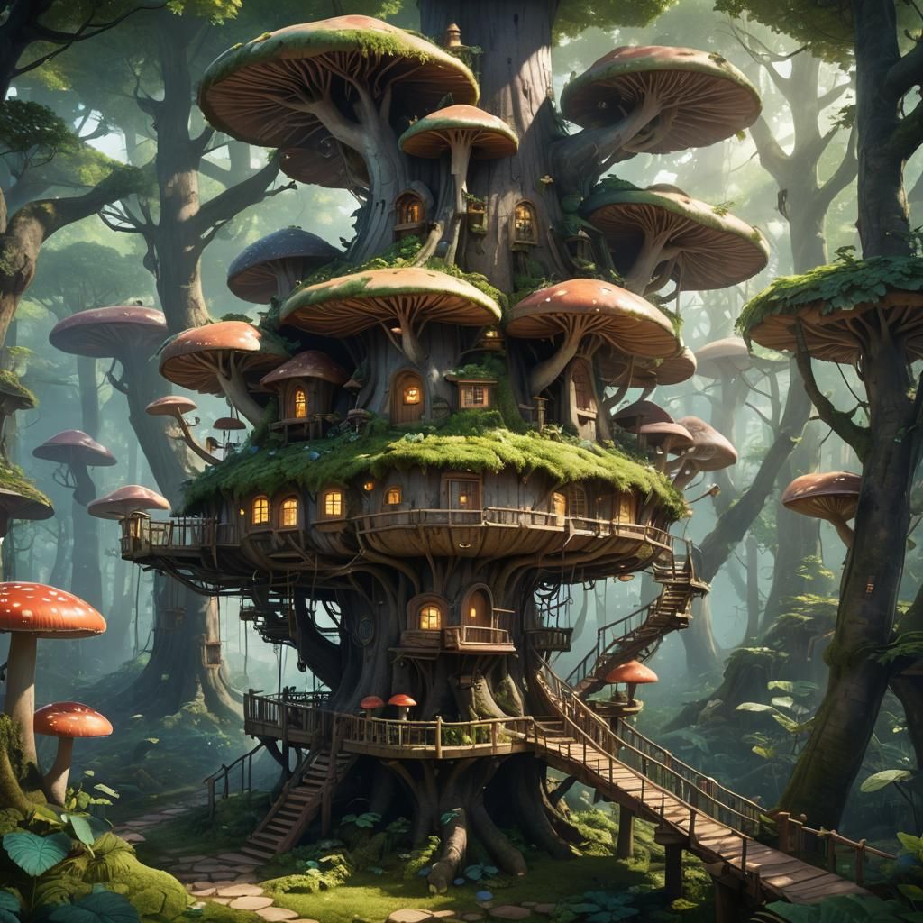 Enchanted Mushroom Treehouse in Mystical Forest