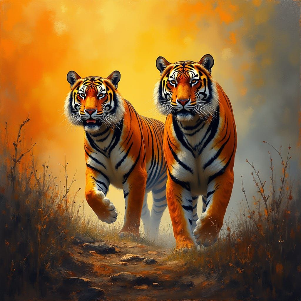 Tigers Emerging from a Cyberpunk Storm