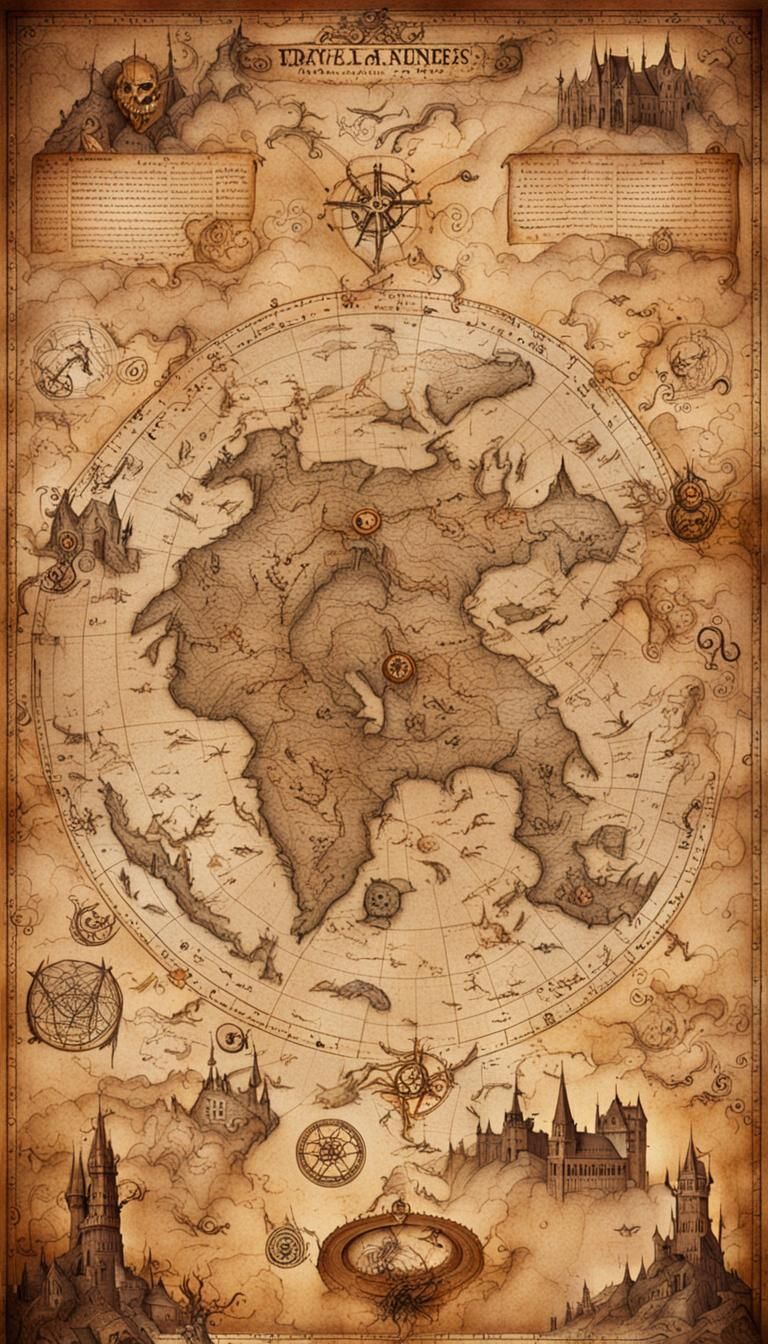 Steampunk Map of Mythical Creatures and Runes