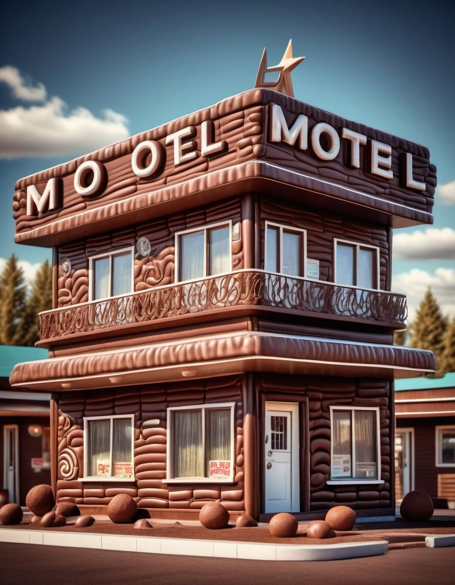 Hyperrealistic Chocolate Motel in Small Town Style