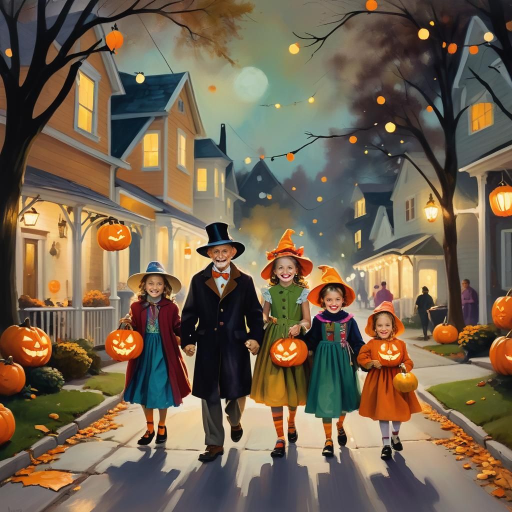 Whimsical Halloween Family Celebration in Oil Painting Style