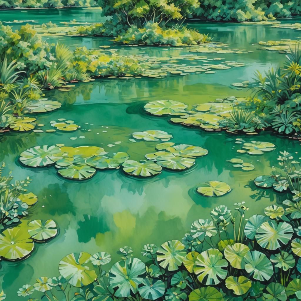 Green Lagoon in Gouache and Watercolor Style