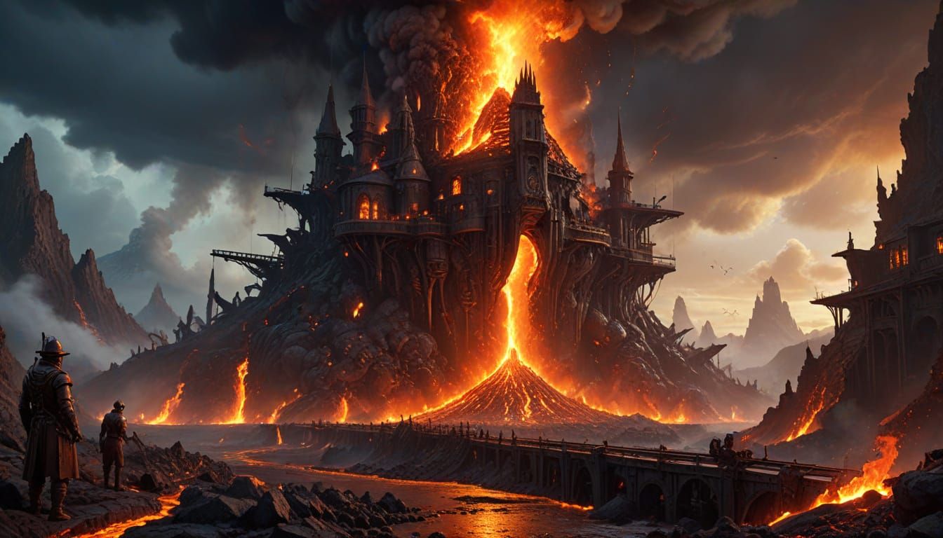 Surreal Steampunk Masterpiece of Flaming Sword Emerging from...