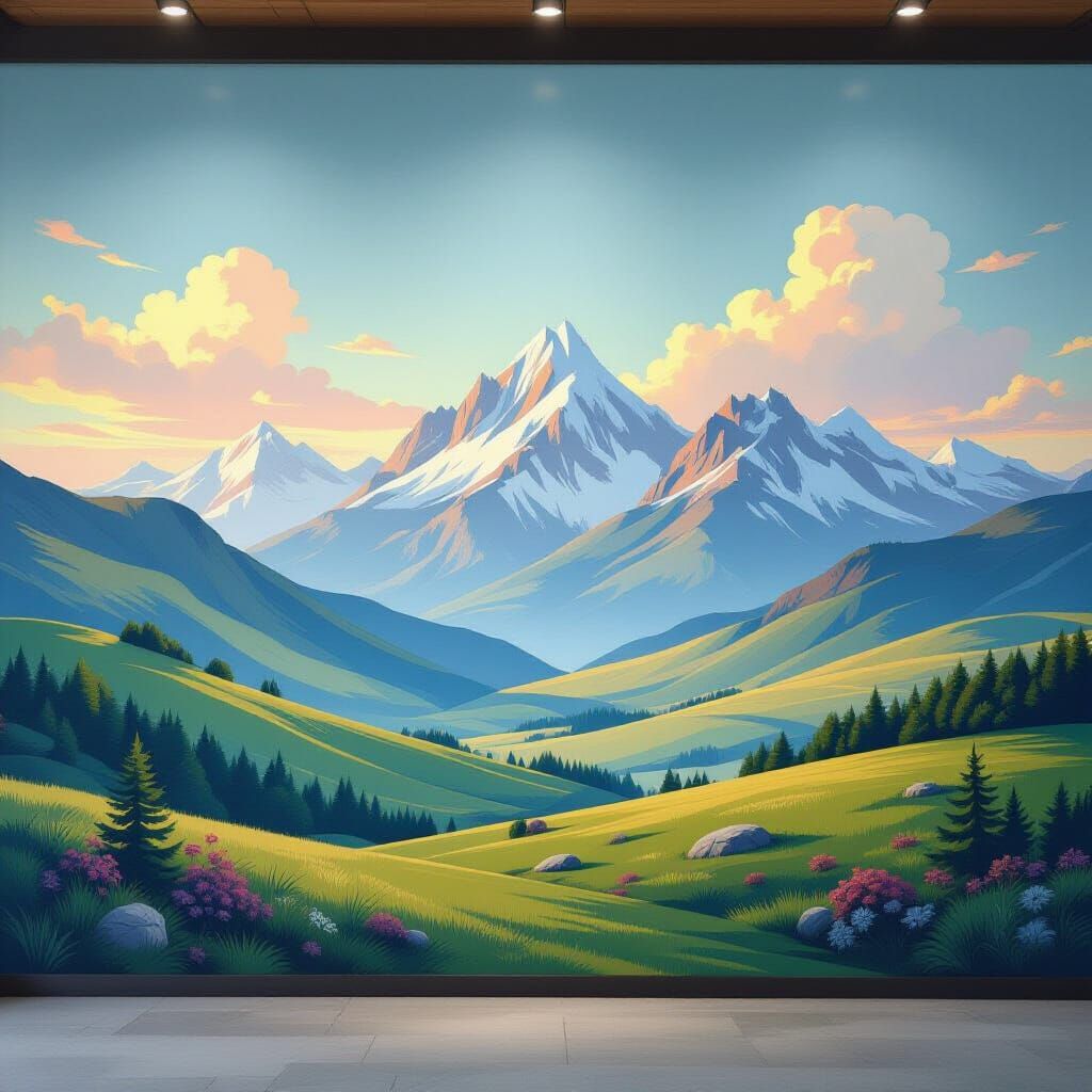 Serene Landscape Mural in Futuristic Style