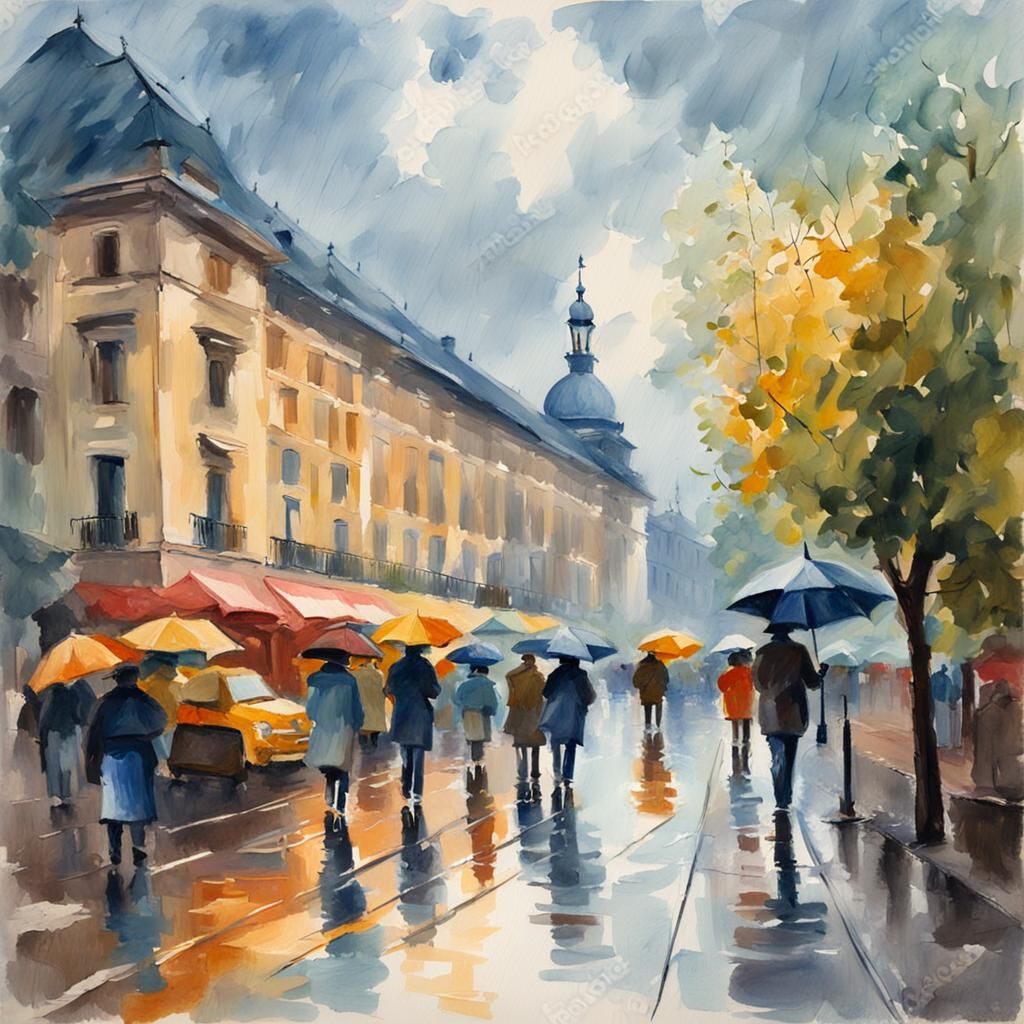 Rainy Day Scene in Gouache Watercolor Style