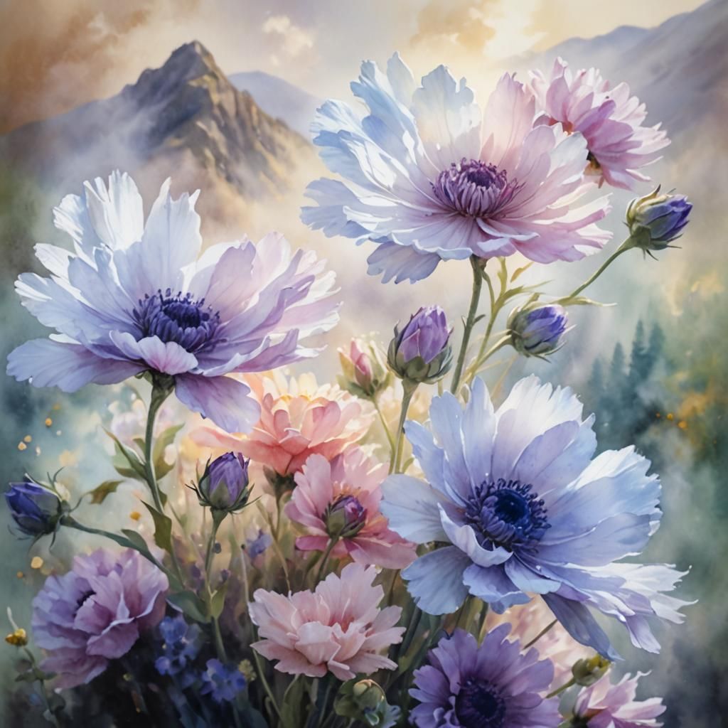 Impressionist Watercolor Flowers on Mountain Peak