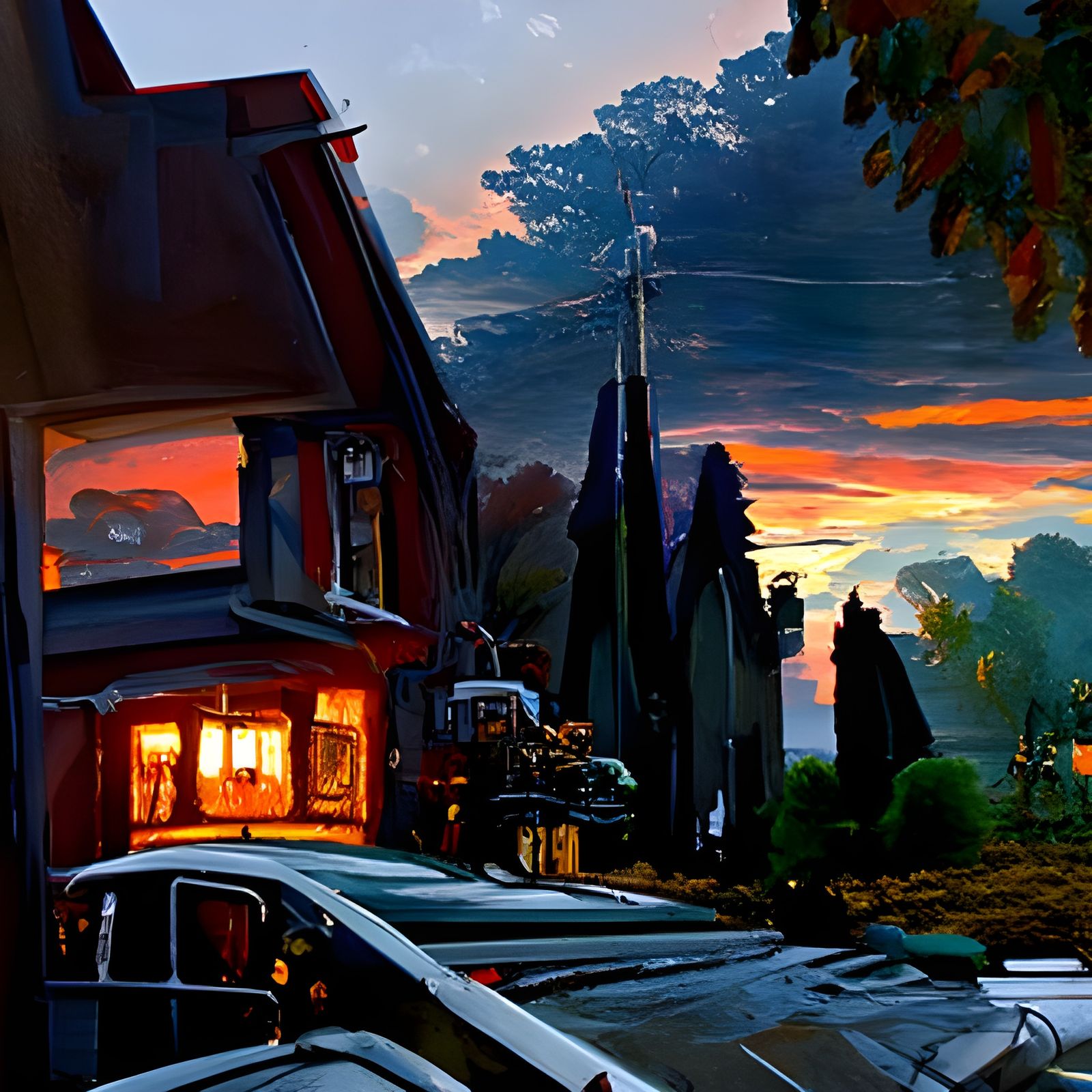 Tranquil Suburban Sunset as Oil Painting