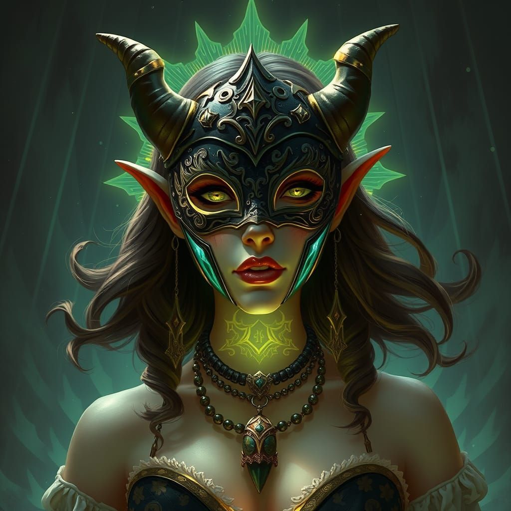 Tiefling Bard with Illusion Mask, Art Nouveau Style