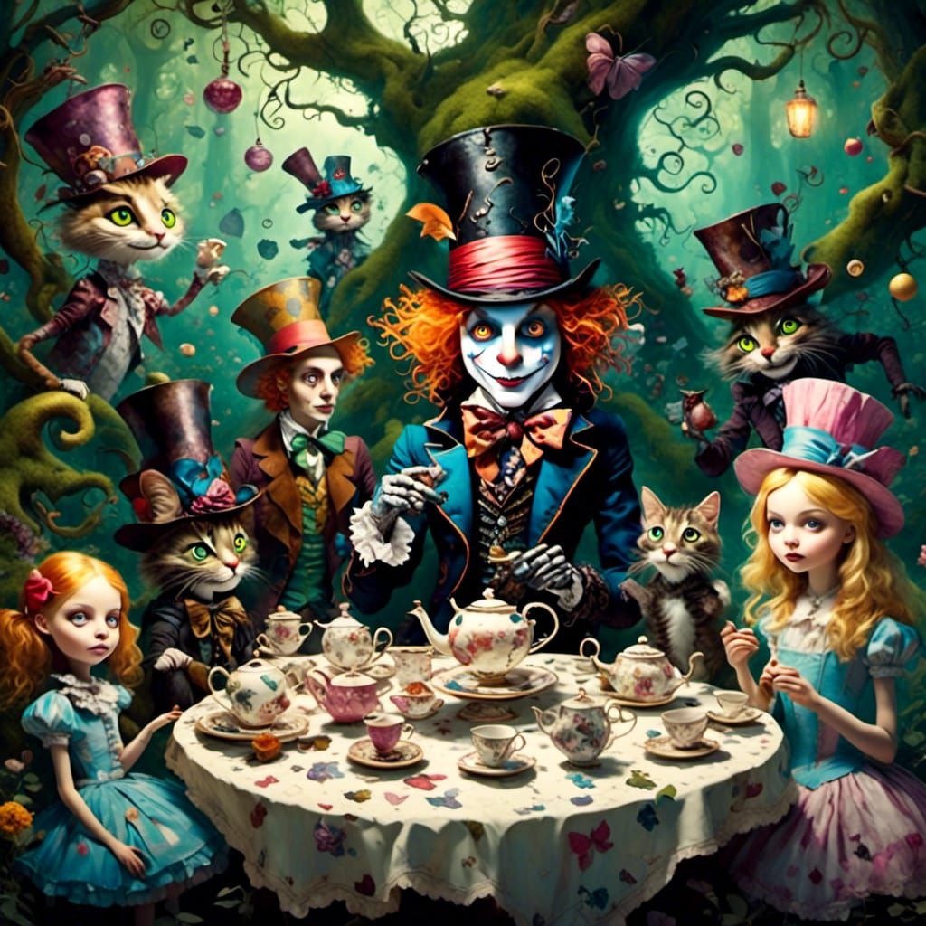 Alice's Tea Party in Enchanting Forest: Burtonesque Art