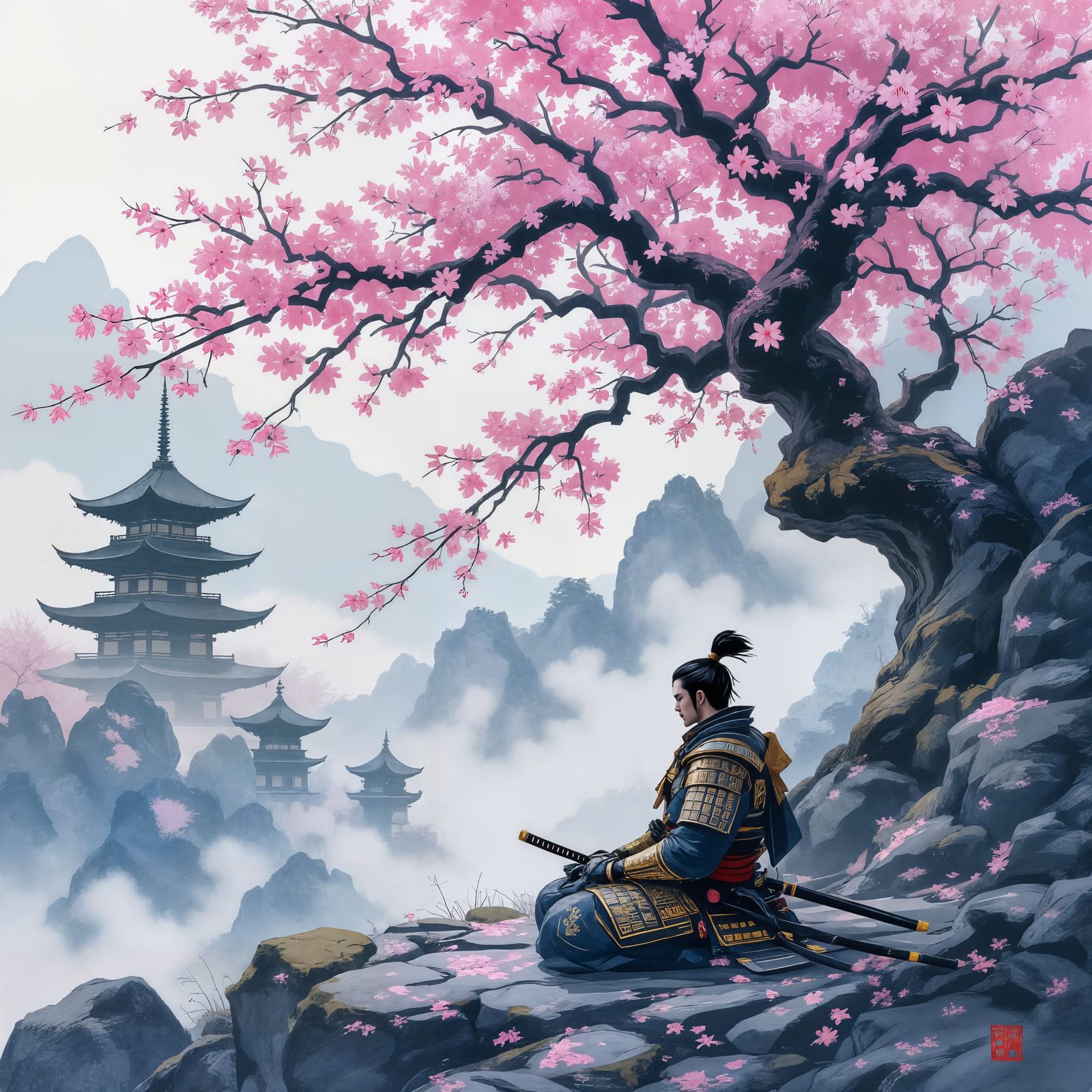 Samurai Meditating Under Cherry Blossoms