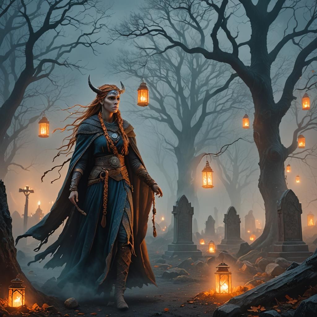 Viking Woman Spirit Collecting Bones in Graveyard