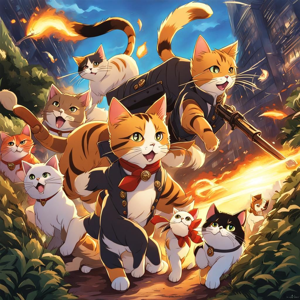 Cats Attack Dog in Anime Style