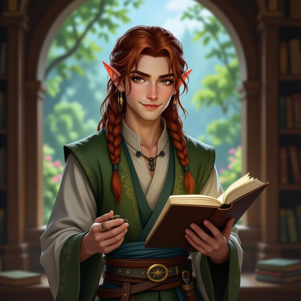 Elven Monk Reads in Cozy Library, Fantasy Art