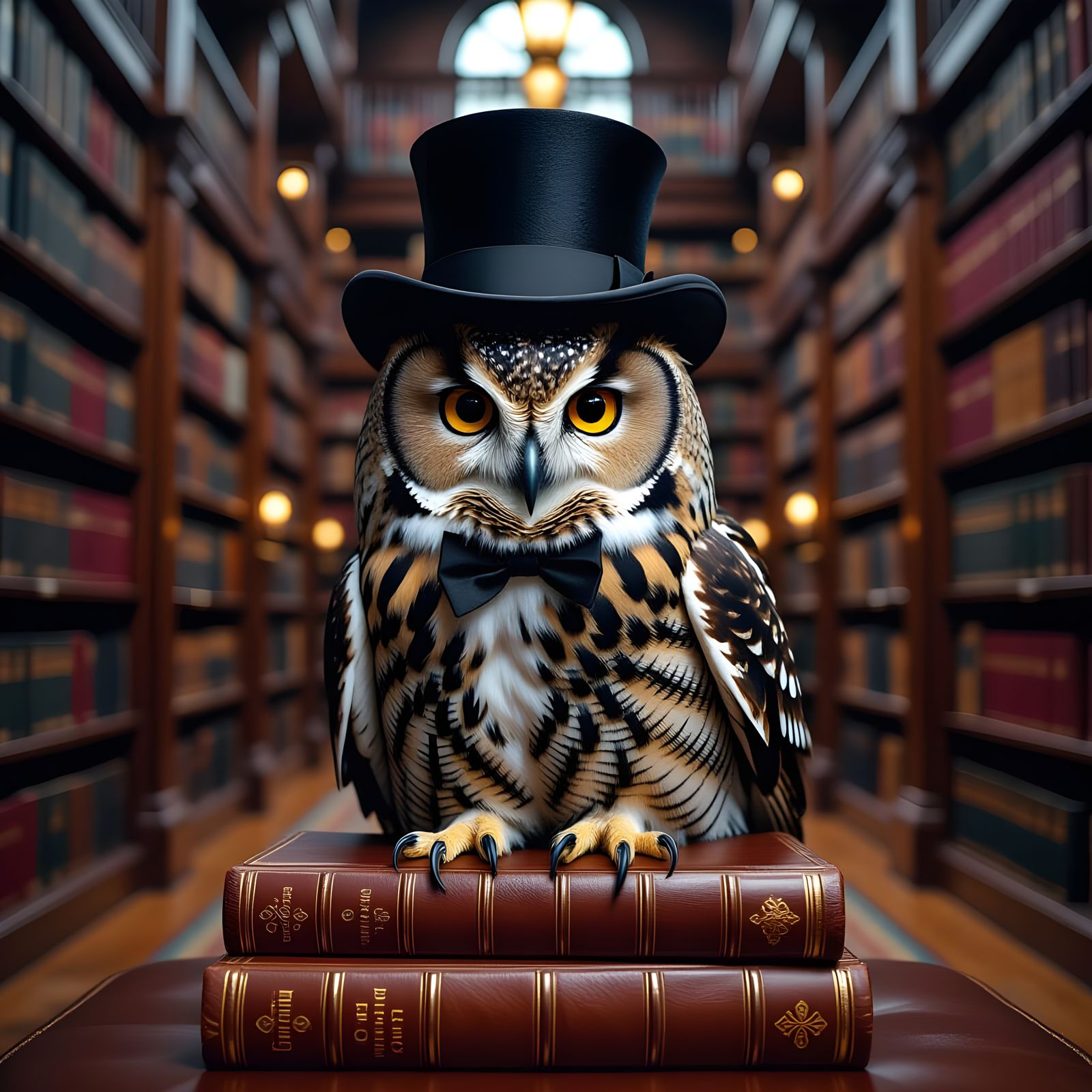 A regal owl wearing a monocle and top hat, perched atop a st...