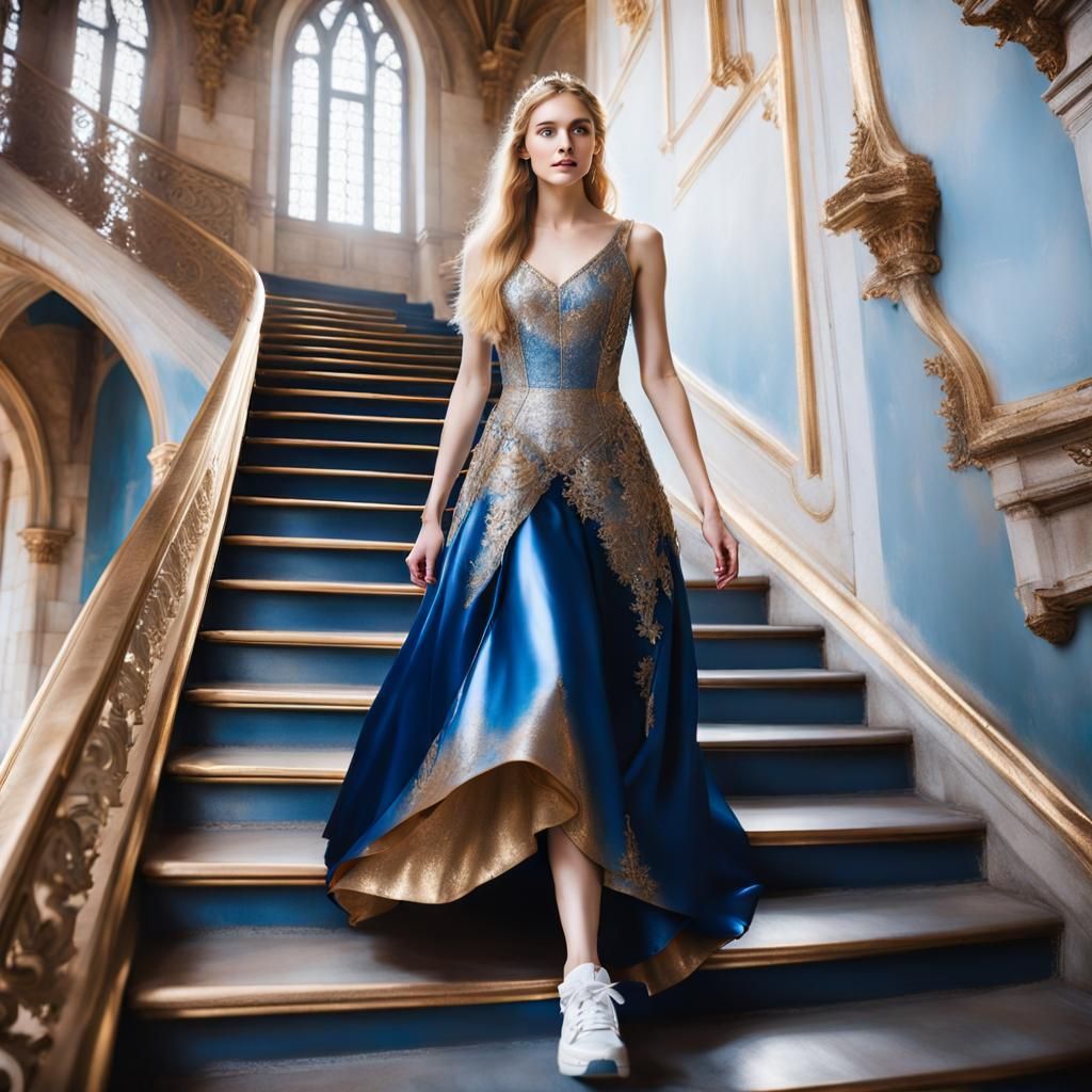 Blonde Girl in Fairytale Castle with Sneakers
