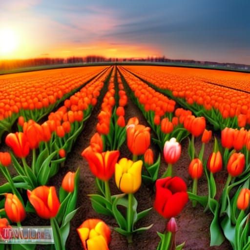 Colorful Tulip Field at Sunset: Hyperrealistic Photography