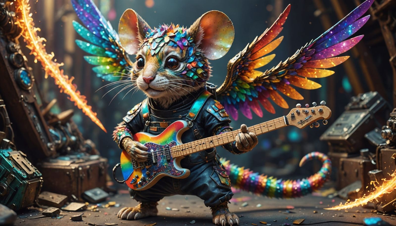 Mythical Rainbow Tiger Mouse with Glitter Guitar, Bismuth Fr...