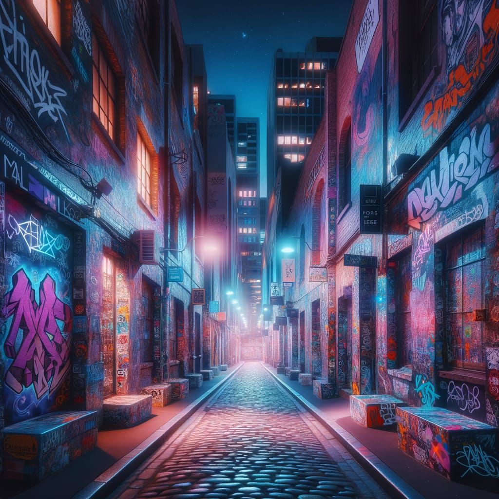 Synthwave Neon Alleyway With Vibrant Graffiti Art