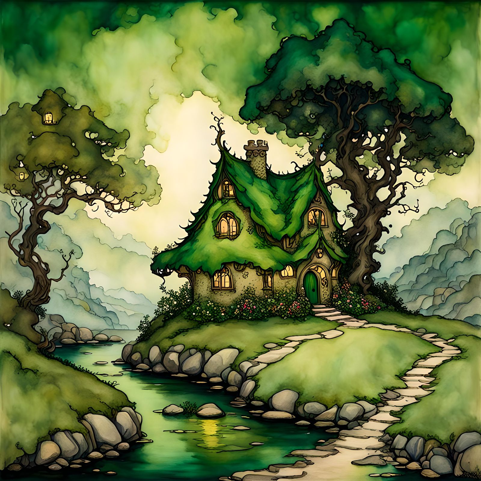 Flamboyant green landscape painting, ALCOHOL INK, FAIRY HOUS...