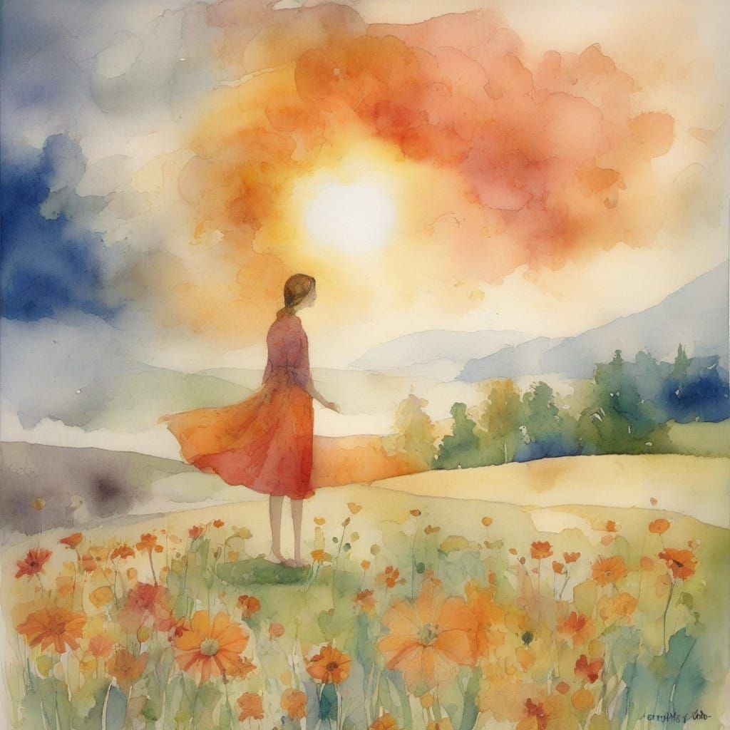 Vibrant Sunrise Watercolor in Whimsical Style