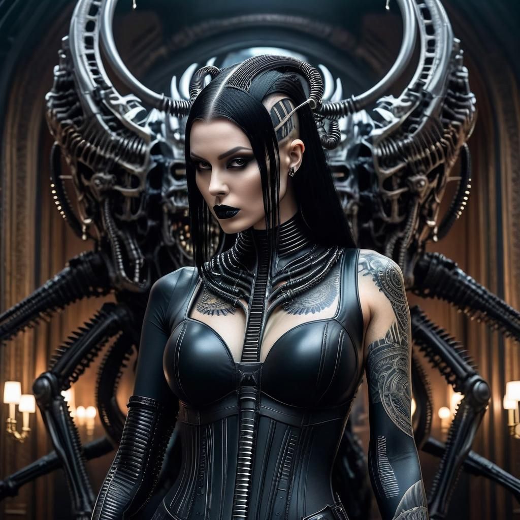 Gothic Girl with Biomechanical Tattoos Meets Xenomorph