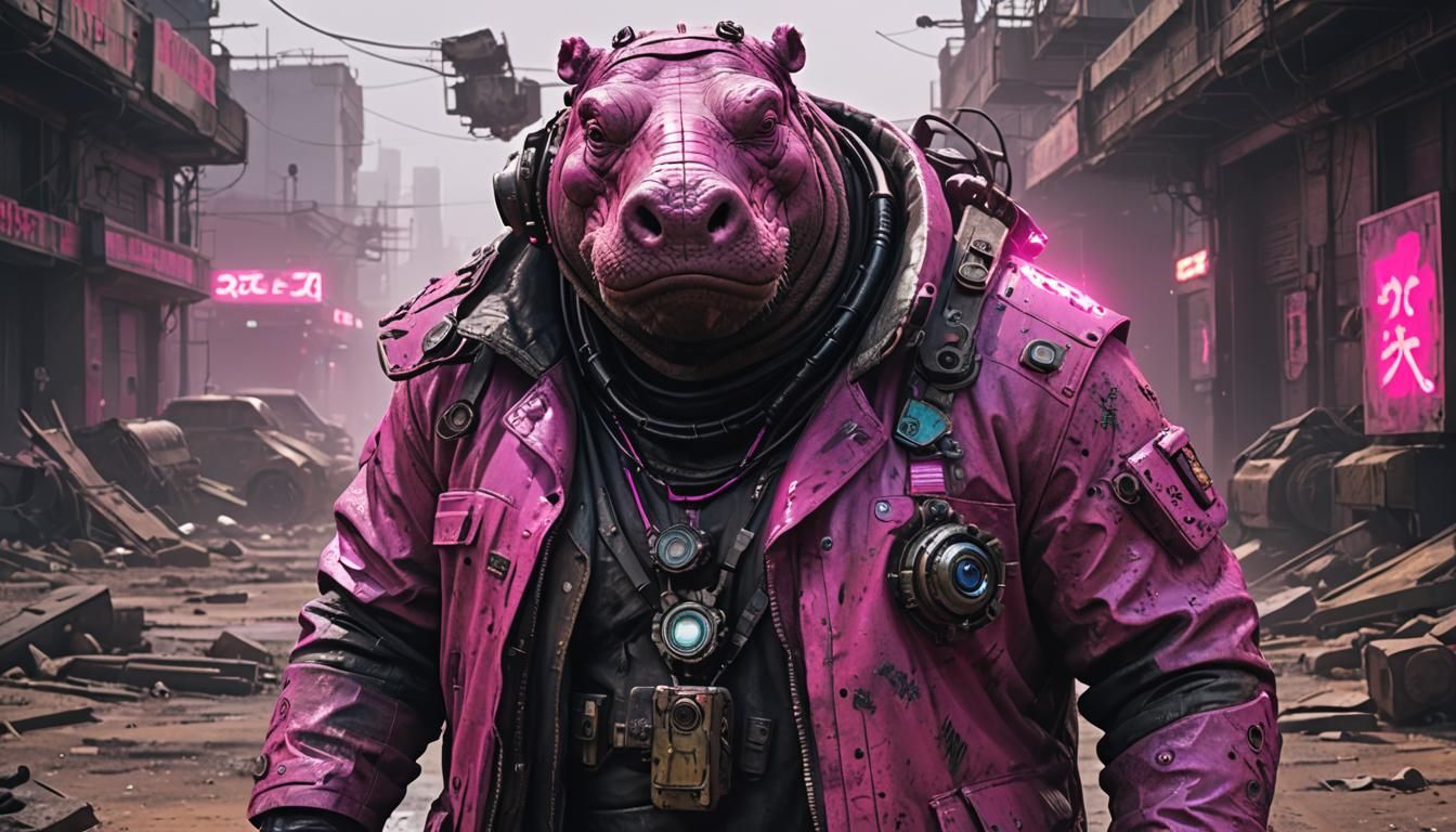 Cyberpunk Hippo Boss in Post-Apocalyptic Wasteland