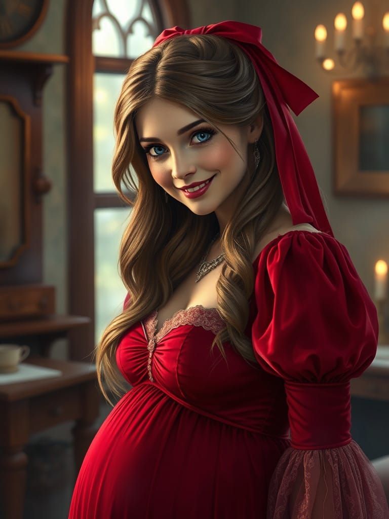 Ethereal Victorian Lady in a Red Velvet Dress