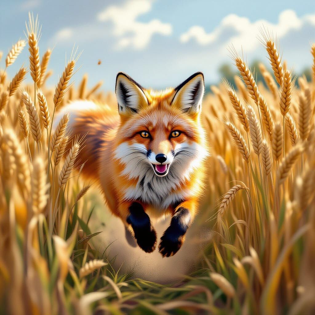 Fox Running Through Rye Field Impasto Oil Painting