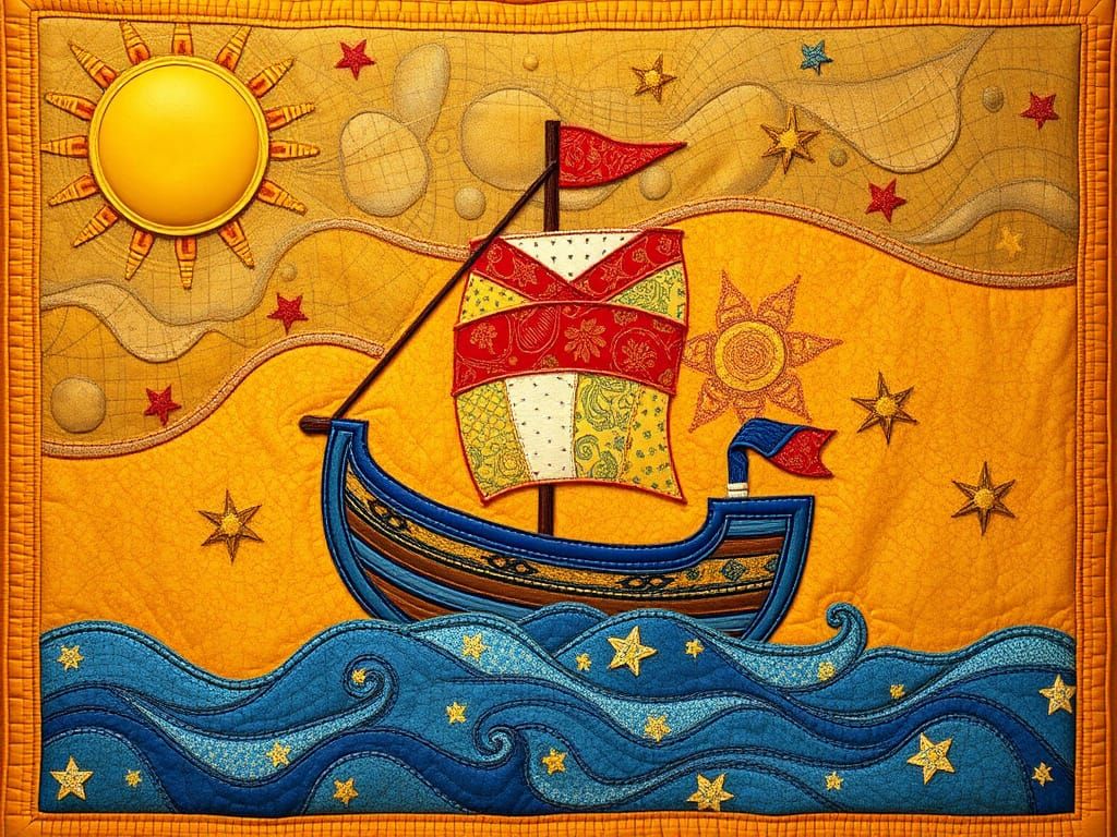 Vibrant Patchwork Ship Sails Across Celestial Quilted Backgr...