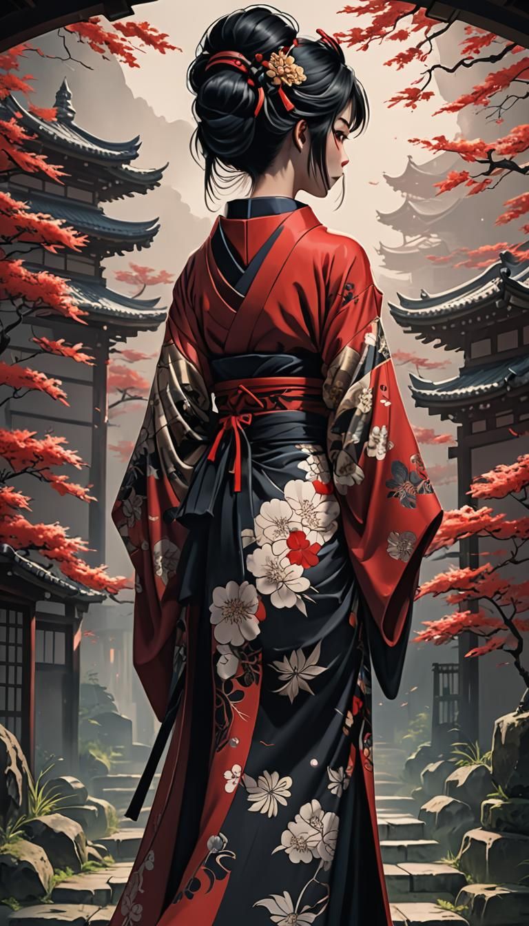 Gothic Geisha with Tattoo in Anime Style