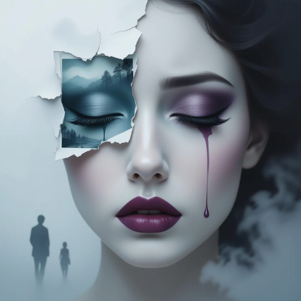 Surreal Face with Porcelain Skin and Misty Background