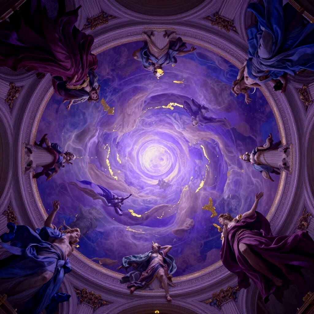 Baroque Architectural Illusion Ceiling Painting in Purple Hu...