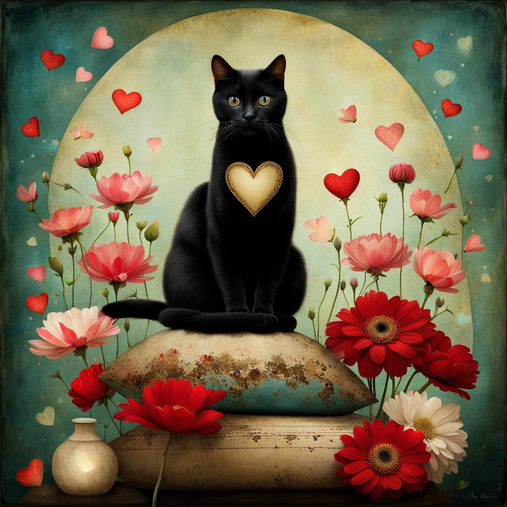 Whimsical Cat Surrounded by Flowers in Collage Art
