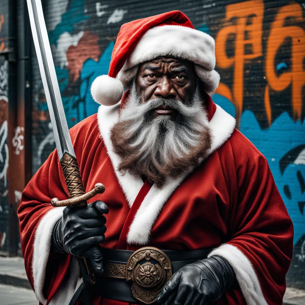 Black Santa with Samurai Sword in Cityscape Portrait