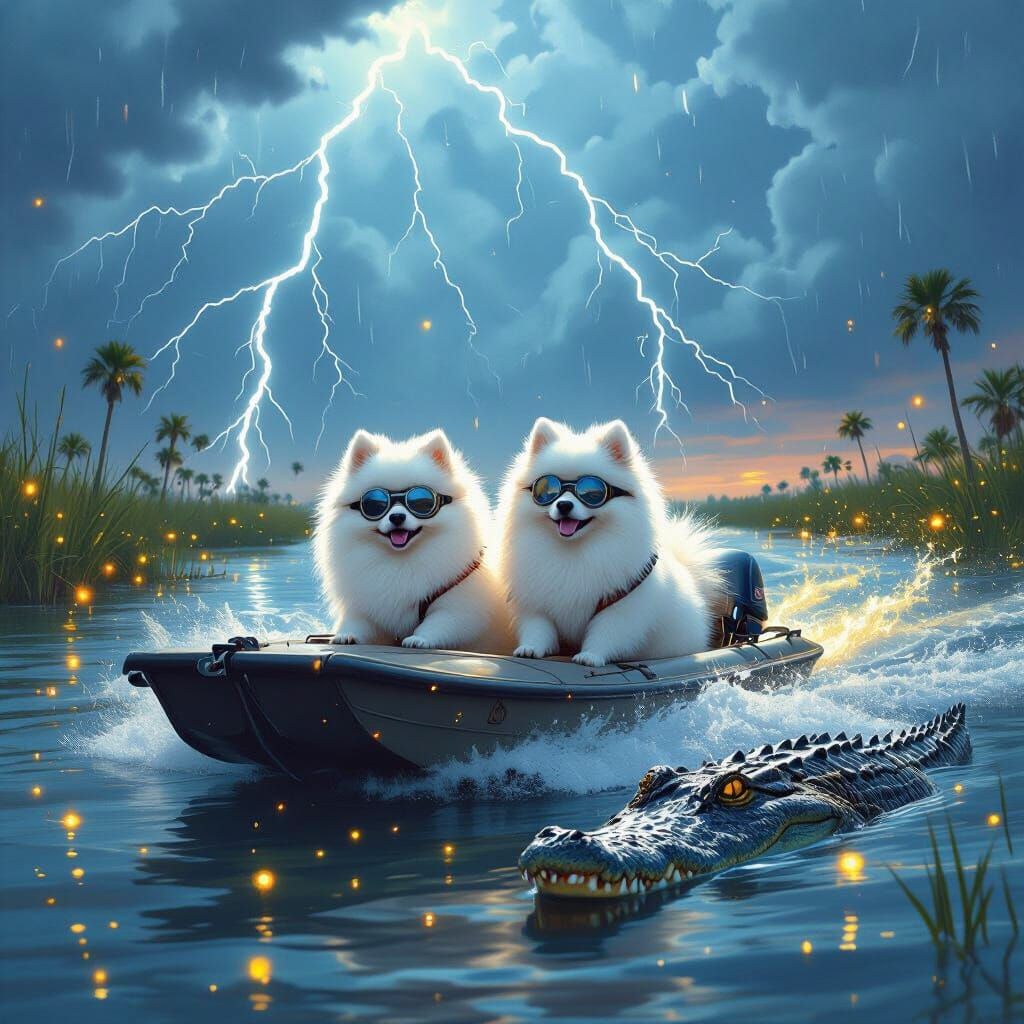 Pomeranians in Everglades Airboat During Gator Storm