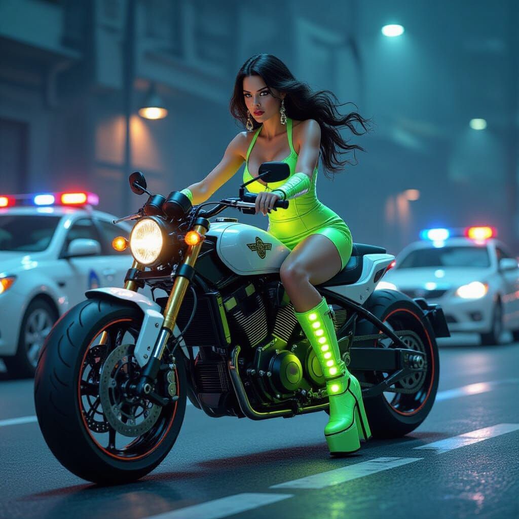 Woman in Luminous Green Riding Steampunk Motorcycle