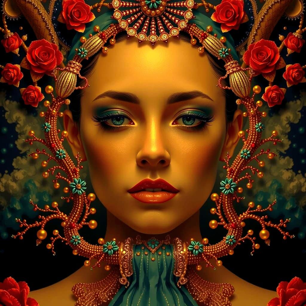 Ornate Beaded Waterfall Artwork with Gold & Silver Accents