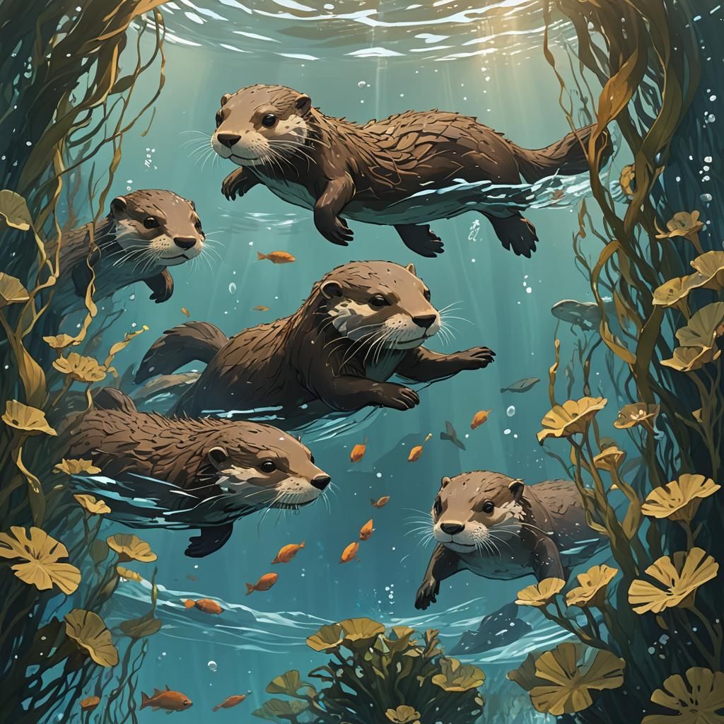 Otter Warriors Swimming Underwater in Anime Style