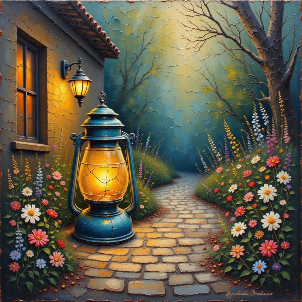 Old Lantern Glows on Wildflower Path in Impressionist Oil Pa...