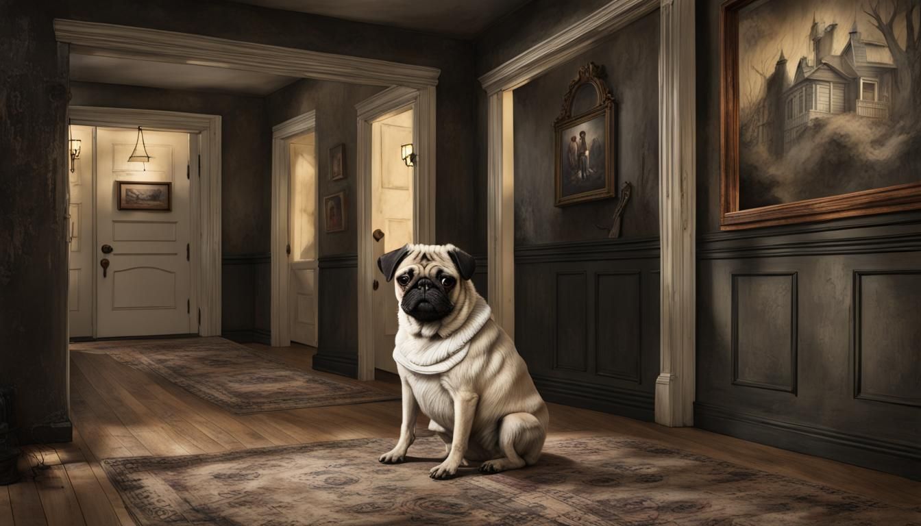 Scary Pug in Haunted House Foyer