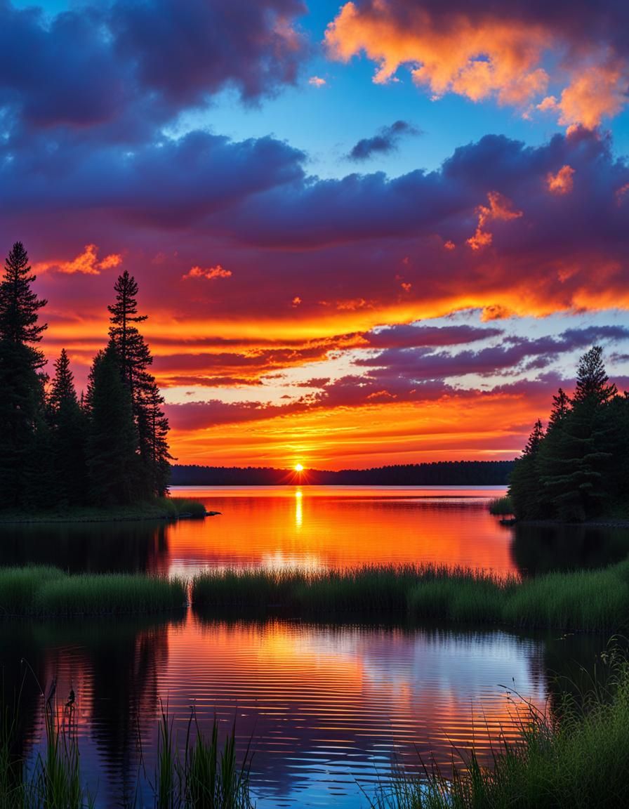 Vibrant Sunset Over Secluded Lake